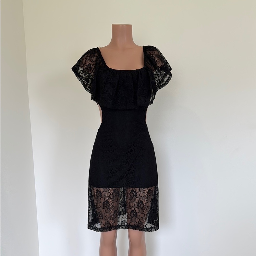 Black Sheath Dress with Flutter Sleeves and Square Neck